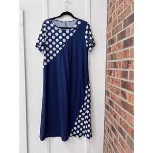 Summer dress, blue with polka-dots, midi, cap sleeves